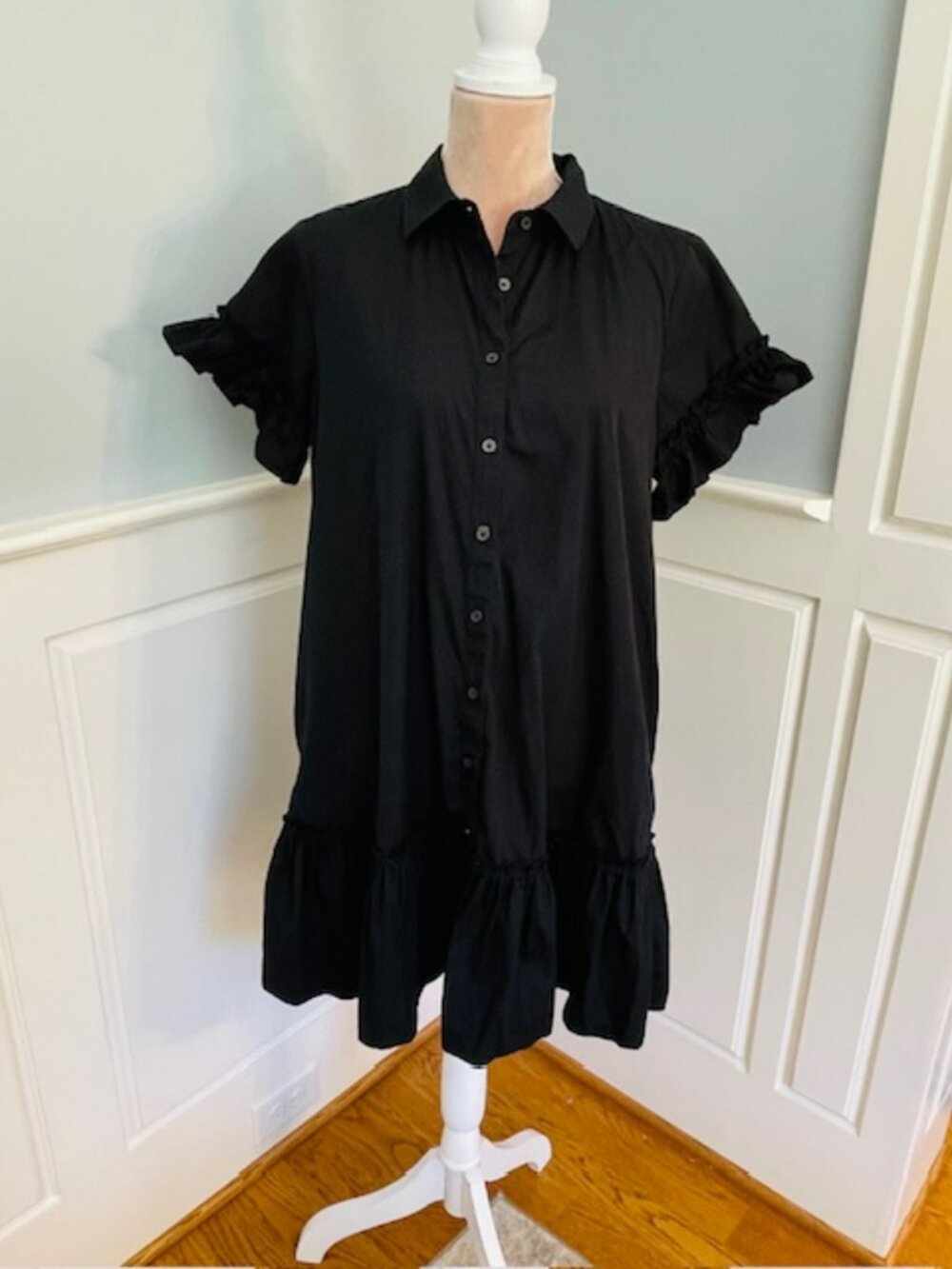 J.Crew Cotton Shirt Dress Black Ruffle Trim Button Front Midi Dress Medium - Picture 2 of 8